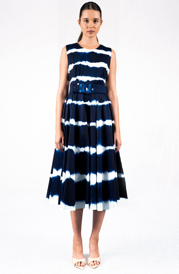 Abelia Dress Crew Neck Sleeveless Midi Length Cotton Stretch (Shibori Tie)