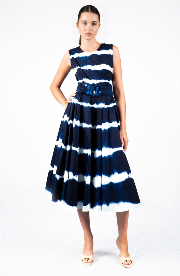 Abelia Dress Crew Neck Sleeveless Midi Length Cotton Stretch (Shibori Tie)