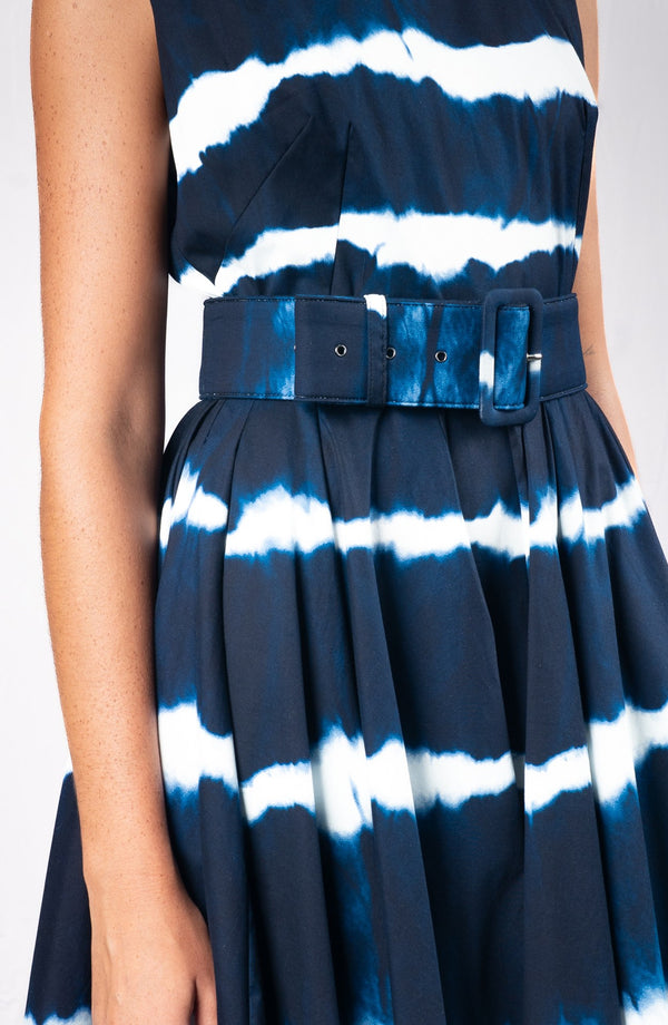 Abelia Dress Crew Neck Sleeveless Midi Length Cotton Stretch (Shibori Tie)