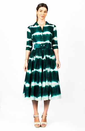Aster Dress Shirt Collar 3/4 Sleeve Midi Length Cotton Musola (Shibori Tie)