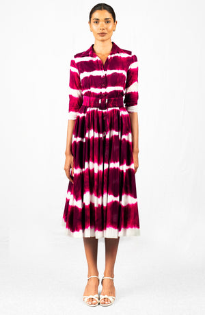Aster Dress Shirt Collar 3/4 Sleeve Midi Length Cotton Musola (Shibori Tie)