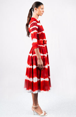 Aster Dress Shirt Collar 3/4 Sleeve Midi Length Cotton Musola (Shibori Tie)