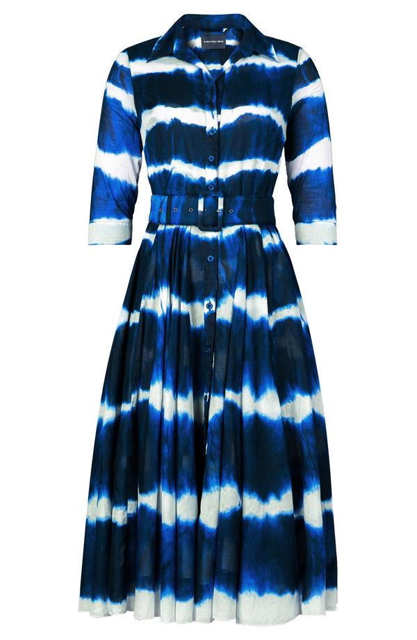 Aster Dress Shirt Collar 3/4 Sleeve Midi Length Cotton Musola (Shibori Tie)