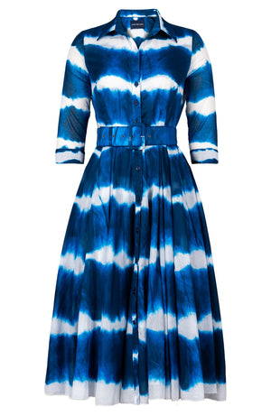 Aster Dress Shirt Collar 3/4 Sleeve Midi Length Cotton Musola (Shibori Tie)