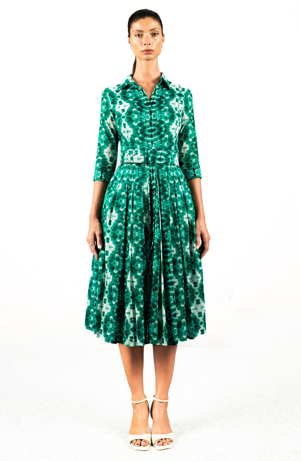 Audrey Dress #4 Shirt Collar 3/4 Sleeve Midi Length Musola (Shibori Tokaido)