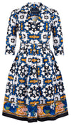 Audrey Dress #1 Shirt Collar 3/4 Sleeve Cotton Stretch (Sicilian Ceramic Tile Border)