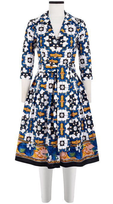 Audrey Dress #1 Shirt Collar 3/4 Sleeve Cotton Stretch (Sicilian Ceramic Tile Border)