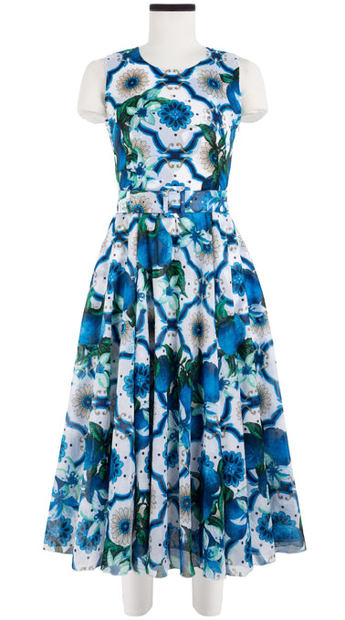 Avenue Dress Crew Neck Sleeveless Midi Length Cotton Musola (Sicilian Lemon All Over)