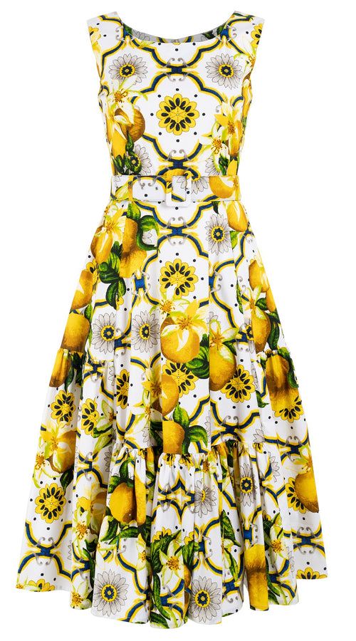 Amanda Dress Boat Neck Sleeveless Midi Length Cotton Stretch (Sicilian Lemon All Over)