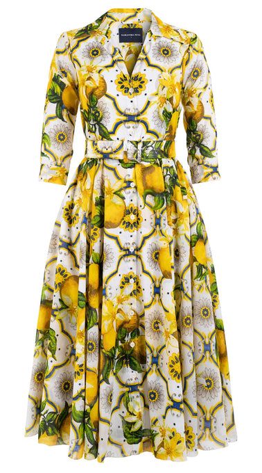 Avenue Dress Shirt Collar 3/4 Sleeve Midi Length Cotton Musola (Sicilian Lemon All Over)