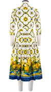 Audrey Dress #1 Shirt Collar 3/4 Sleeve Midi Length Cotton Stretch (Sicilian Lemon Border)