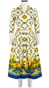 Audrey Dress #1 Shirt Collar 3/4 Sleeve Midi Length Cotton Stretch (Sicilian Lemon Border)