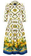Audrey Dress #1 Shirt Collar 3/4 Sleeve Midi Length Cotton Stretch (Sicilian Lemon Border)