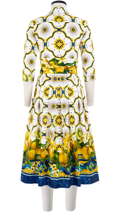 Audrey Dress #1 Shirt Collar 3/4 Sleeve Midi Length Cotton Stretch (Sicilian Lemon Border)
