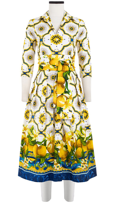Audrey Dress #1 Shirt Collar 3/4 Sleeve Midi Length Cotton Stretch (Sicilian Lemon Border)