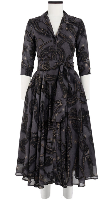 Aster Dress Shirt Collar 3/4 Sleeve Midi Length Silk GGT (Snake Whip)
