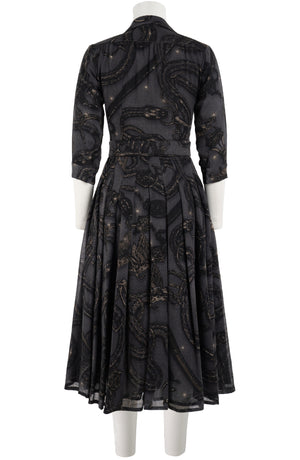 Audrey Dress #4 Shirt Collar 3/4 Sleeve Midi Length Wool (Snake Whip) - Charcoal