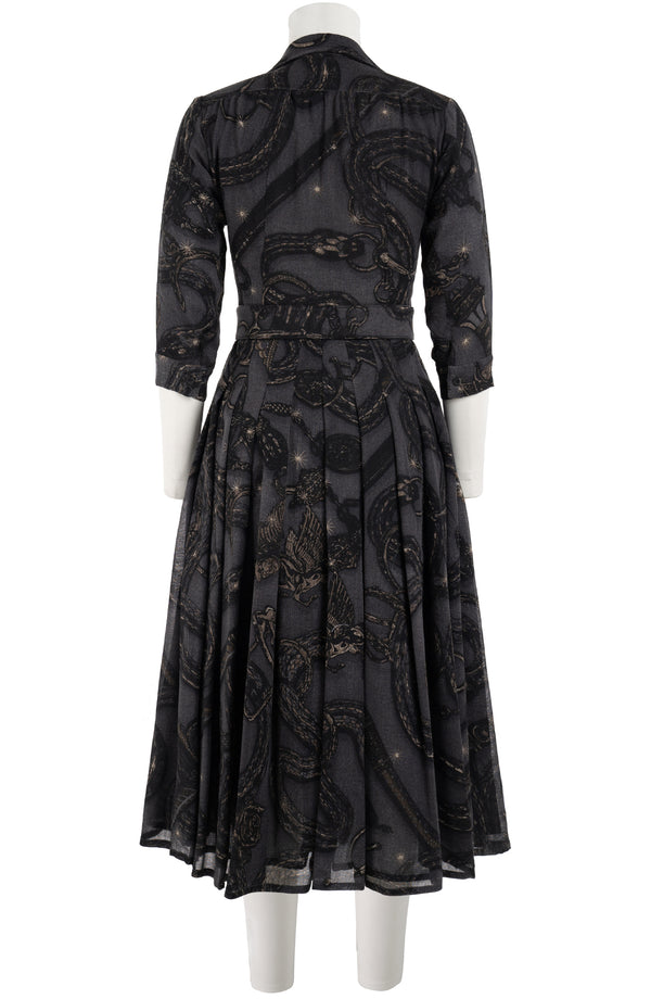 Audrey Dress #4 Shirt Collar 3/4 Sleeve Midi Length Wool (Snake Whip) - Charcoal