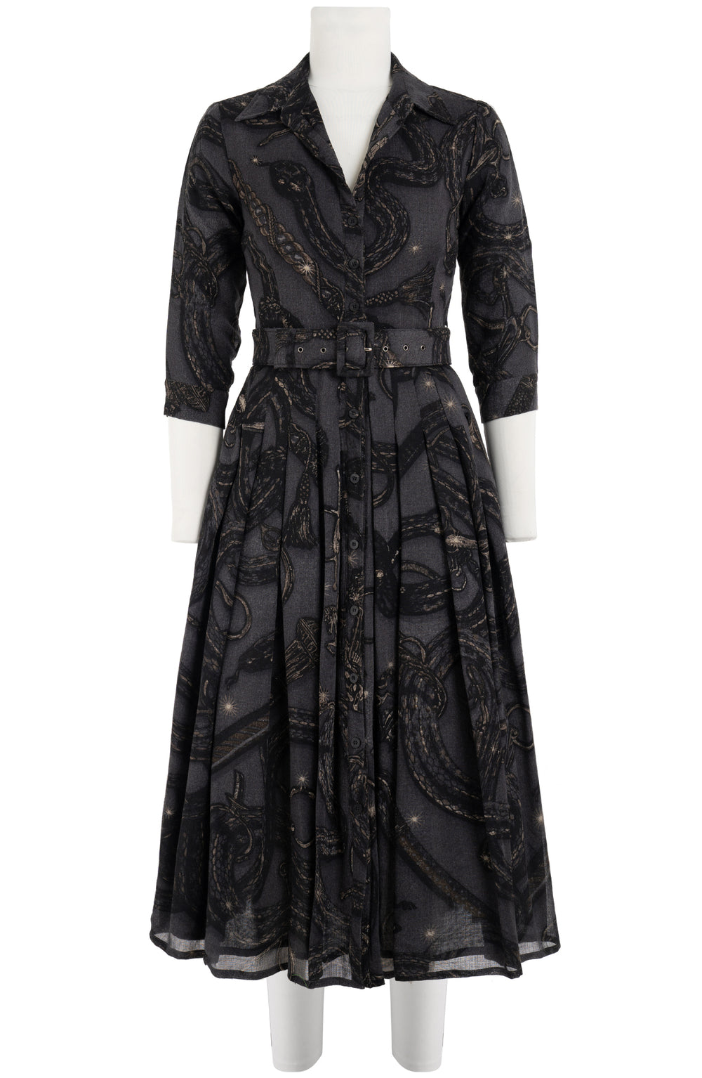 Audrey Dress #4 Shirt Collar 3/4 Sleeve Midi Length Wool (Snake Whip) - Charcoal