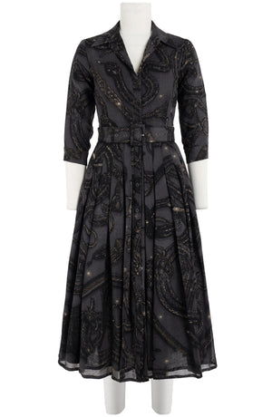 Audrey Dress #4 Shirt Collar 3/4 Sleeve Midi Length Wool (Snake Whip) - Charcoal