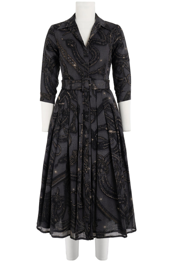 Audrey Dress #4 Shirt Collar 3/4 Sleeve Midi Length Wool (Snake Whip) - Charcoal