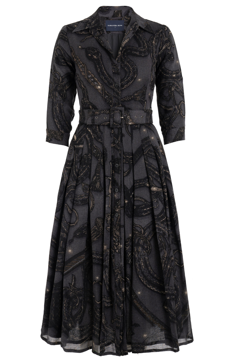 Audrey Dress #4 Shirt Collar 3/4 Sleeve Midi Length Wool (Snake Whip) - Charcoal