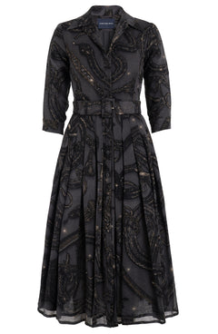 Audrey Dress #4 Shirt Collar 3/4 Sleeve Midi Length Wool (Snake Whip) - Charcoal