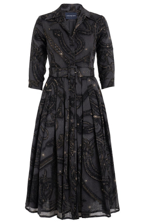 Audrey Dress #4 Shirt Collar 3/4 Sleeve Midi Length Wool (Snake Whip) - Charcoal