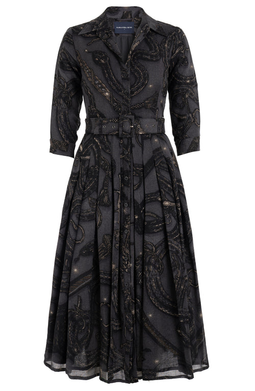 Audrey Dress #4 Shirt Collar 3/4 Sleeve Midi Length Wool (Snake Whip) - Charcoal