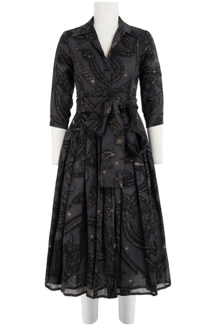 Audrey Dress #4 Shirt Collar 3/4 Sleeve Midi Length Wool (Snake Whip) - Charcoal