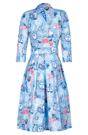 Audrey Dress #1 Shirt Collar 3/4 Sleeve Long Length Cotton Stretch (Sol and Sea)