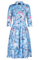 Audrey Dress #1 Shirt Collar 3/4 Sleeve Long Length Cotton Stretch (Sol and Sea)