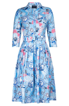 Audrey Dress #1 Shirt Collar 3/4 Sleeve Long Length Cotton Stretch (Sol and Sea)