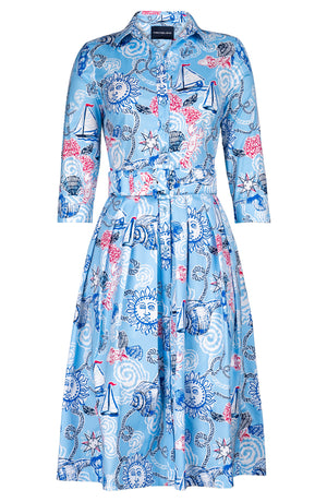 Audrey Dress #1 Shirt Collar 3/4 Sleeve Long Length Cotton Stretch (Sol and Sea)
