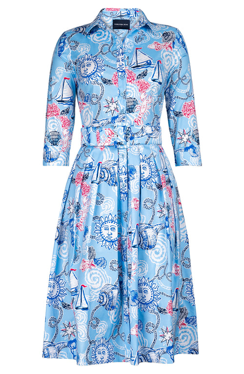 Audrey Dress #1 Shirt Collar 3/4 Sleeve Long Length Cotton Stretch (Sol and Sea)