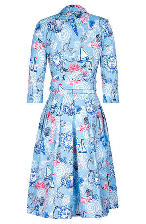 Audrey Dress #1 Shirt Collar 3/4 Sleeve Long Length Cotton Stretch (Sol and Sea)