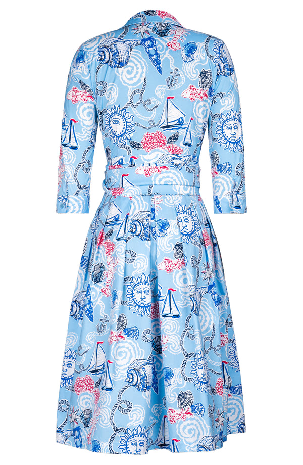 Audrey Dress #1 Shirt Collar 3/4 Sleeve Long Length Cotton Stretch (Sol and Sea)
