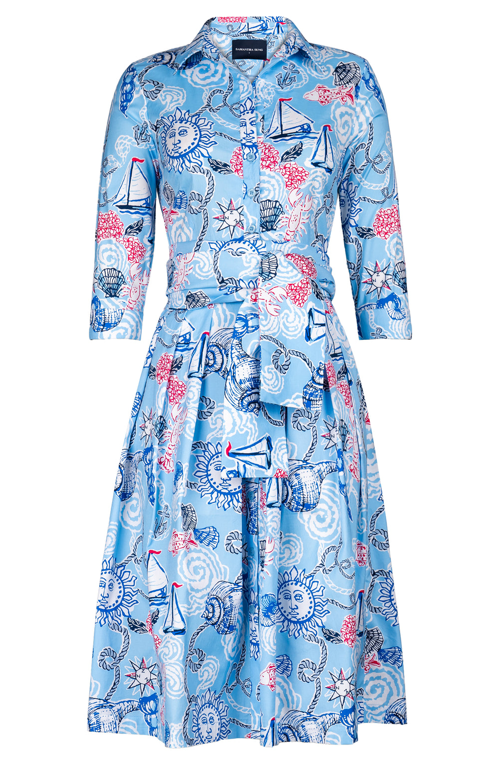 Audrey Dress #1 Shirt Collar 3/4 Sleeve Long Length Cotton Stretch (Sol and Sea)