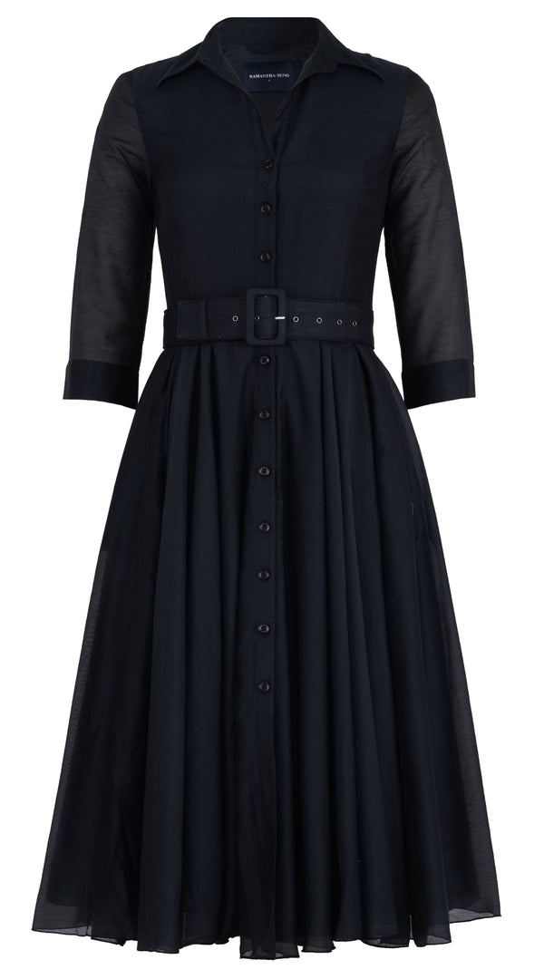 Aster Dress Shirt Collar 3/4 Sleeve Midi Length Silk Musola (Solid)