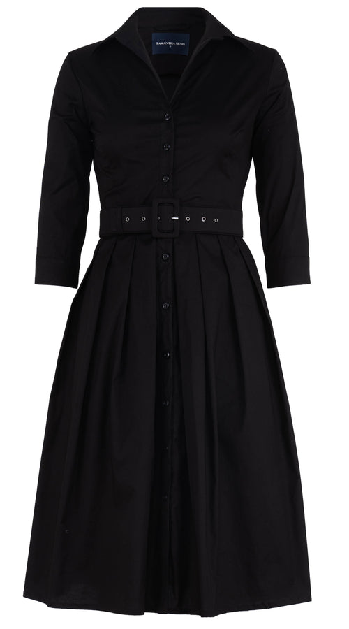 Audrey Dress #1 Shirt Collar 3/4 Sleeve Long Length Cotton Stretch (Solid)