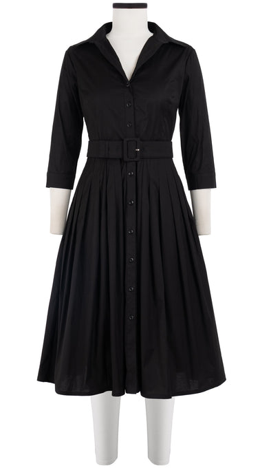 Audrey Dress #2 Shirt Collar 3/4 Sleeve Long Length Cotton Stretch_Solid_Black