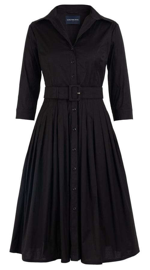 Audrey Dress #2 Shirt Collar 3/4 Sleeve Long Length Cotton Stretch (Solid)