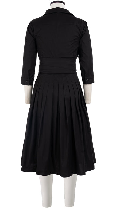 Audrey Dress #2 Shirt Collar 3/4 Sleeve Long Length Cotton Stretch_Solid_Black
