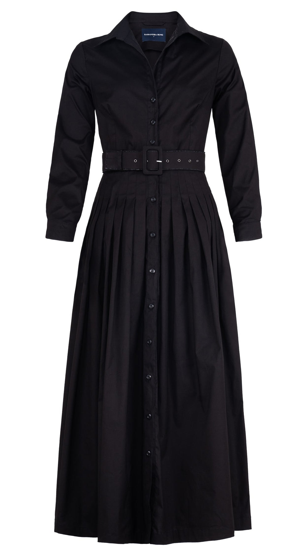 Audrey Dress #2 Shirt Collar Long Sleeve Tea Length Cotton Stretch (Solid)