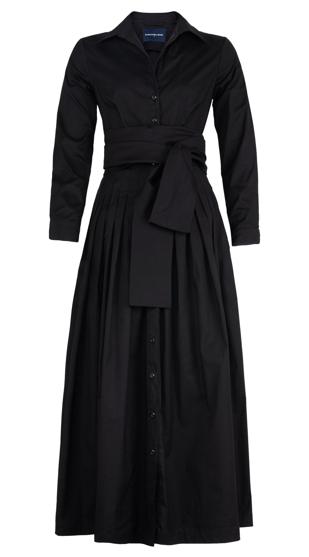 Audrey Dress #2 Shirt Collar Long Sleeve Tea Length Cotton Stretch (Solid)