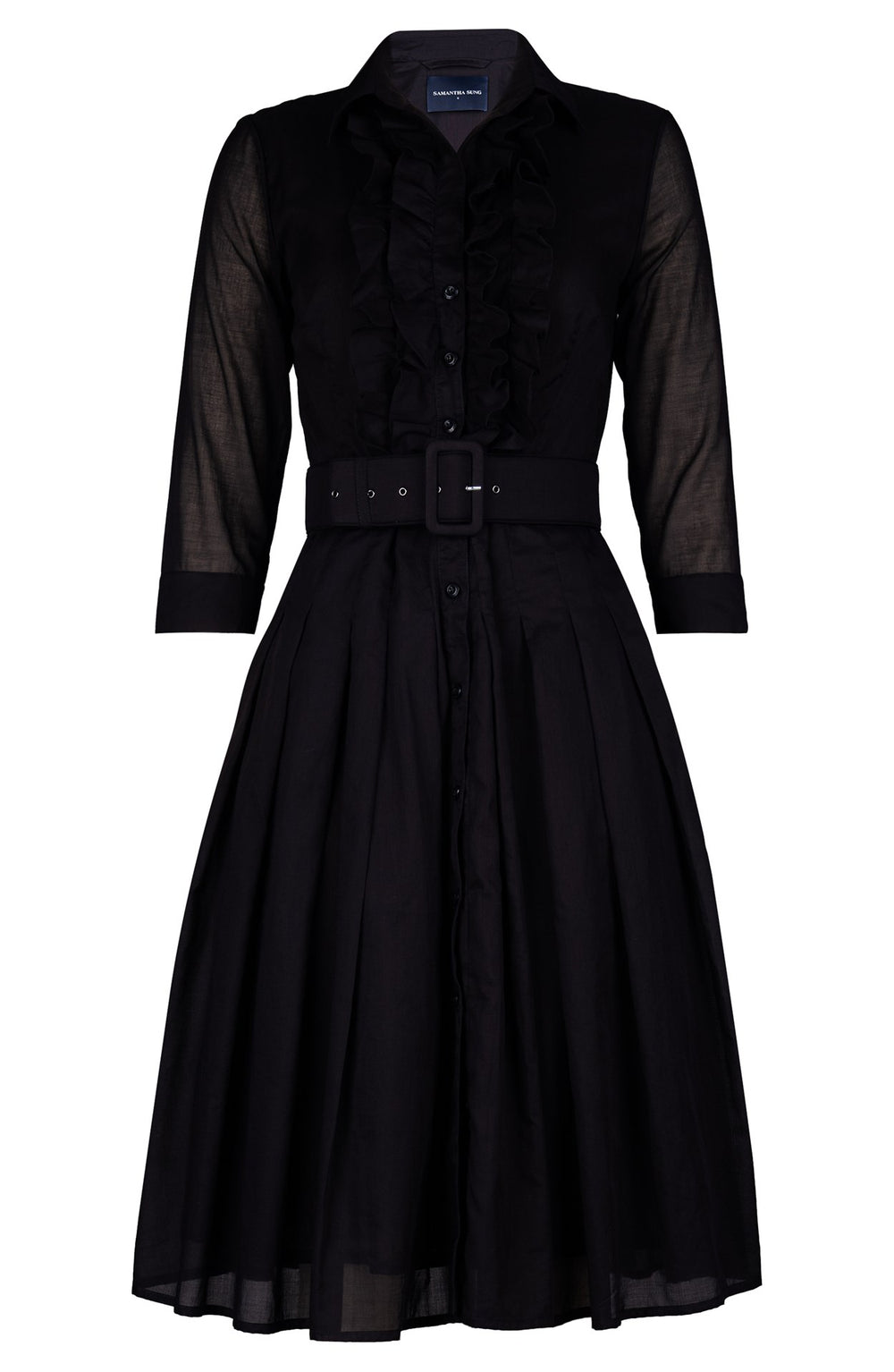 Audrey Dress #4 Shirt Collar Ruffle Bias 3/4 Sleeve Long Length Silk Musola (Solid)