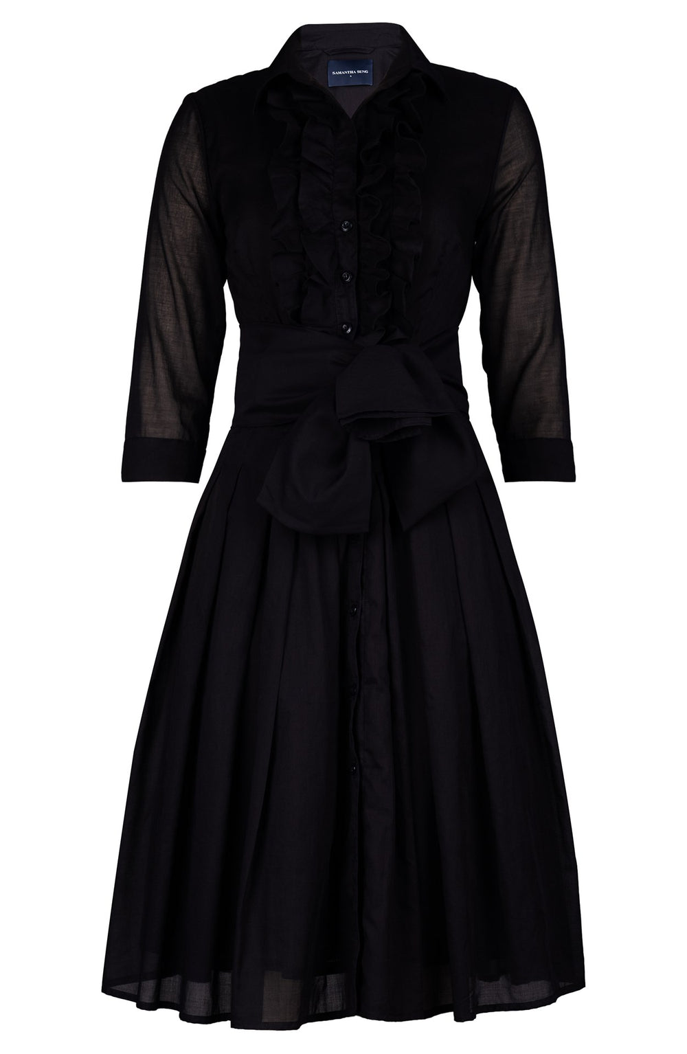 Audrey Dress #4 Shirt Collar Ruffle Bias 3/4 Sleeve Long Length Silk Musola (Solid)