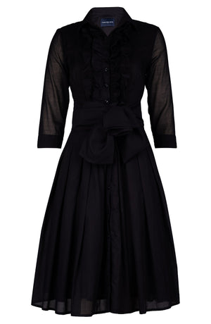Audrey Dress #4 Shirt Collar Ruffle Bias 3/4 Sleeve Long Length Silk Musola (Solid)