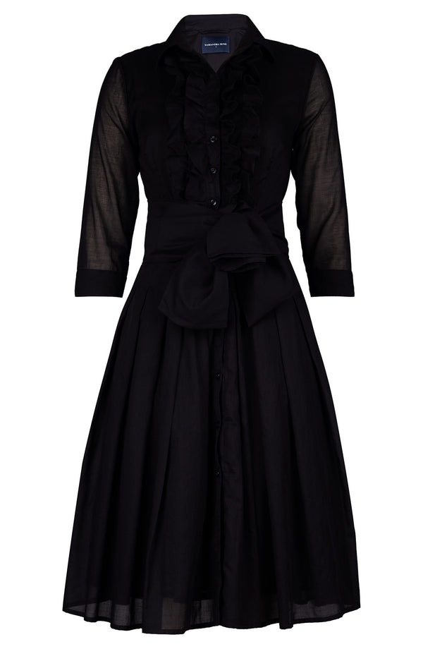 Audrey Dress #4 Shirt Collar Ruffle Bias 3/4 Sleeve Long Length Silk Musola (Solid)