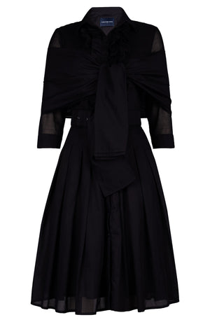 Audrey Dress #4 Shirt Collar Ruffle Bias 3/4 Sleeve Long Length Silk Musola (Solid)